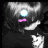 Pixelated static image of a stylized face with glowing cyan eye, pink mouth, and white features on dark background.