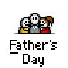 Pixel art Father's Day buddy icon featuring a family of three with speech bubbles, displayed in an animated contact sheet format showing frame variations.