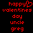 Red pixelated text on black background with 'happy' containing a heart symbol replacing the letter 'y', followed by 'valentines day uncle greg'