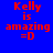 Four display red text 'Kelly is amazing =D' on blue, teal, green, and dark teal backgrounds with pixelated font
