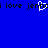 Blue background with black pixelated text repeating 'i love jenn' and a white animated cursor blinking over the letter 'o'.