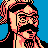 Pixelated 48x48 static icon of a character with dark hair, mustache, and beard against blue background using pink/black/peach color palette.