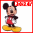 Pixelated Mickey Mouse buddy icon with red and black text banners above, displayed in a two-frame contact sheet layout.