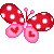 Red and white polka-dot butterfly with pink heart-shaped lower wings, small antennae, and scattered red pixel hearts on gray background.