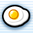 Pixelated fried egg icon with yellow yolk, white egg white, and black outline on light blue striped background.