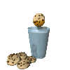 Animated sequence showing a chocolate chip cookie being dropped into a glass of milk, with scattered cookies on a gray background.