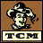 Pixelated character with black hair and white face against brown background, wearing dark clothing, below text 'TCM' on beige banner.