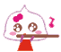 Pixelated character with white cloud-shaped head, pink cheek spots, and red dress plays brown flute; show eye and mouth animation changes