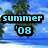 Pixelated beach scene with palm trees and blue sky, featuring 'summer' text in light blue on black background above '08' text.