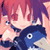 Pixelated anime-style character with pink and purple hair, blue outfit, and white eyes holding a small object against a gradient background.