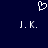 Dark blue background with white pixelated heart symbol above two identical 'J.K.' text blocks in lower half.