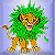 Pixelated cartoon lion with green mane, golden-brown body, and open mouth, standing against light purple background.