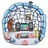 Pixelated circular icon with blue and white background, featuring a central figure in brown clothing holding an object.