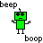 Green pixelated robot with black eyes and limbs stands in four positions, each labeled 'beep' or 'boop' text above/below it.