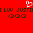 Red background with green pixelated text reading "I LUV JUSTIN" and two heart symbols, topped by a white pixelated heart outline.