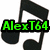 Six black musical notes on white background with "AlexT64" text in different colors above each note.