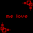 Red pixel art animation on black background showing four square-based icons rotating clockwise with 'me love' text below each.