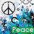 A pixelated icon features a black peace symbol on the left, blue and white abstract background with scattered dark shapes, and green text reading "Peace" at the bottom right.