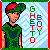 Pixel art buddy icon featuring a character in green attire with red accents against a light blue background, displaying vertical text "GHETTO" and "BOY" in alternating colors.