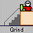 A pixelated animation of a red-shirted figure with white head grinding on stairs, holding green and yellow objects against gray background.