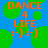 Blue background with green circular shapes, orange text reading DANCE 4 LIFE and two smiley faces.