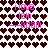 Pixelated pink text on a heart-patterned background with repeated phrases and signatures.