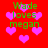 Red background with pink heart shapes and green text reading "Wade loves megan" repeated across the image.