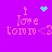 Pixelated pink text 'i love tom m<3' on purple background with cyan heart and starburst icons above the text in two variations.