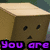 A four- shows a cardboard box character with black dot eyes and a triangular mouth, transitioning from static to dynamic poses