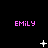 Pixelated pink text 'EMILY' repeated across a black background with white star-like symbols in various states of animation.