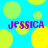 Blue background with yellow and green circles; four instances of purple text "JESSICA" in pixelated font.