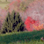 Pixelated landscape with dark tree silhouettes against a pink and orange sky over green terrain.