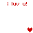 Red pixelated text 'i luv u!' appears four times around a central red heart, with two smaller pink hearts in the corners on a white background.