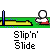 Pixelated animation of a character slipping on a yellow platform with blue poles, transitioning from standing to falling with blue splash effects.