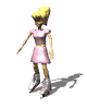 Animated sequence of a cartoon character in pink dress and skates performing skating motions against white background.