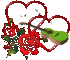 Red heart outlines, green guitar, red roses with green leaves on gray background.