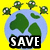 Yellow background with blue and green globe, small green figures above, and black text reading SAVE OUR PLANET.