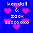 Blue background with pink hearts and white text reading 'kendall & zack xoxoxoxo' in pixelated font.