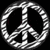 Three identical peace symbols with striped texture on black background, one in bottom-right corner replaced by solid gray square.