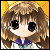 Pixelated anime-style character with large black eyes, brown hair, and a purple bow against a yellow background.