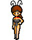 Pixel art character with brown hair and white bunny ears in a gray bodysuit, shown in six static poses against a solid light gray background.