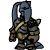 Pixelated character in dark armor with blue helmet and yellow accents holding a large weapon, standing against white background.