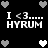 Black background with white and gray pixelated hearts surrounding text reading "I <3... HYRUM" in two mirrored sections.