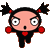 Pixelated character with black pigtails tied with red bands, red circular earrings, and a red heart on black clothing, shown in two sequential poses with arms raised and mouth open.