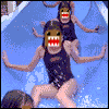 Animated sequence of a person in dark swimsuit sliding down blue water slide with multiple poses and expressions.