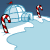 Animated contact sheet showing a pink penguin character in red scarf waving against snowy igloo background with candy canes.