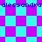 Pixelated cyan and magenta checkered pattern with repeated text 'alessandra' in blue, transitioning to diamond shapes on the right side.