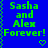 Blue background with green text reading "Sasha and Alex Forever!" repeated in a pattern, each instance accompanied by a small heart symbol