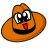 Pixelated orange cowboy hat with large white eyes, black pupils, a red tongue sticking out, and a wide black smile on a white background.