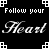 Animated icon displays "Follow your Heart" text with alternating red and white styles, pixelated heart symbols, and small red hearts on black background.